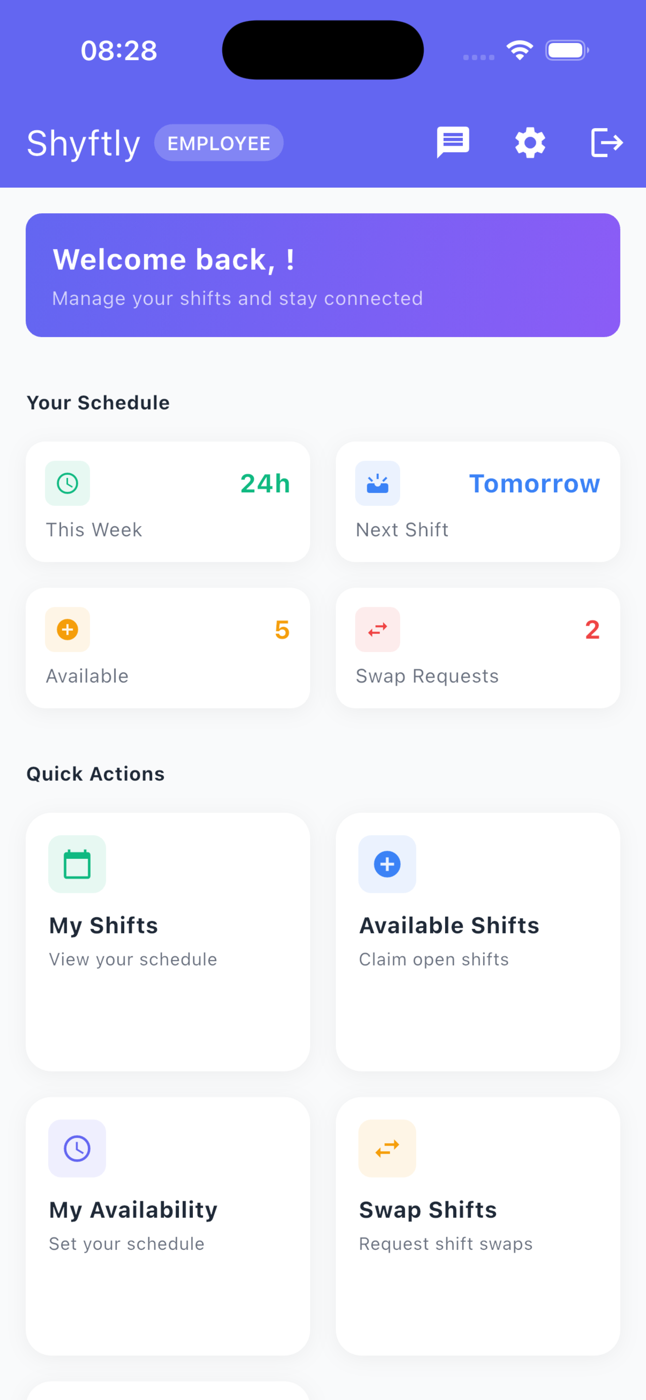 Diggt Shyftly employee dashboard - schedule and shift management